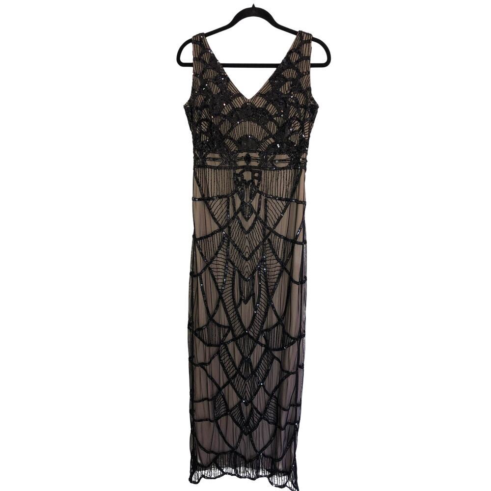 Black Beaded Gown Maxi Dress Size 10 Art Deco Sheer Lined Sleeveless Prom Formal